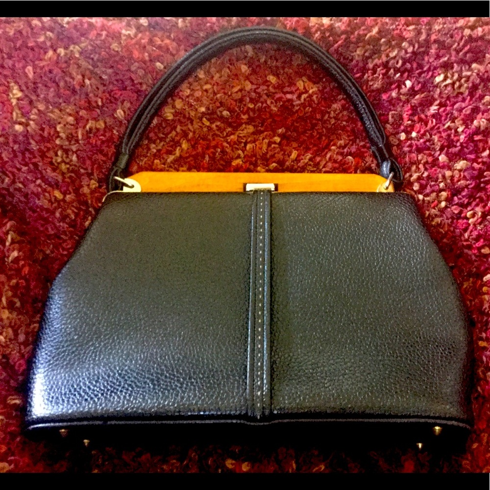 Vintage Black Leather Handbag w Wood accent 1960’s